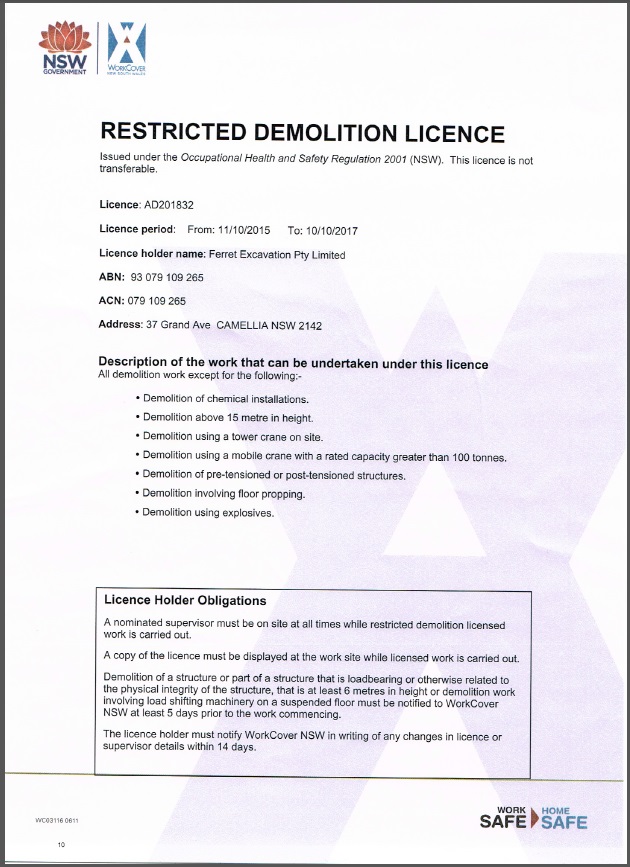 Ferret Excavation Restricted Demolition Licence